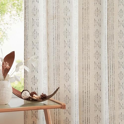 Miniatura 3 de jinchan Cortinas bohemias de lino para sala de estar, 96 pulgadas de largo, cortinas grises de granja con patrón geométrico a rayas, filtrante de
