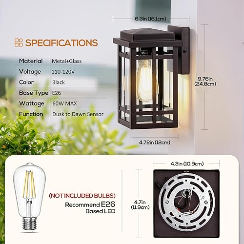 Vista 22 de Paquete de 2 lámparas de pared para exteriores del anochecer al amanecer de 9.76 pulgadas, lámpara exterior de montaje de pared para luz de porche