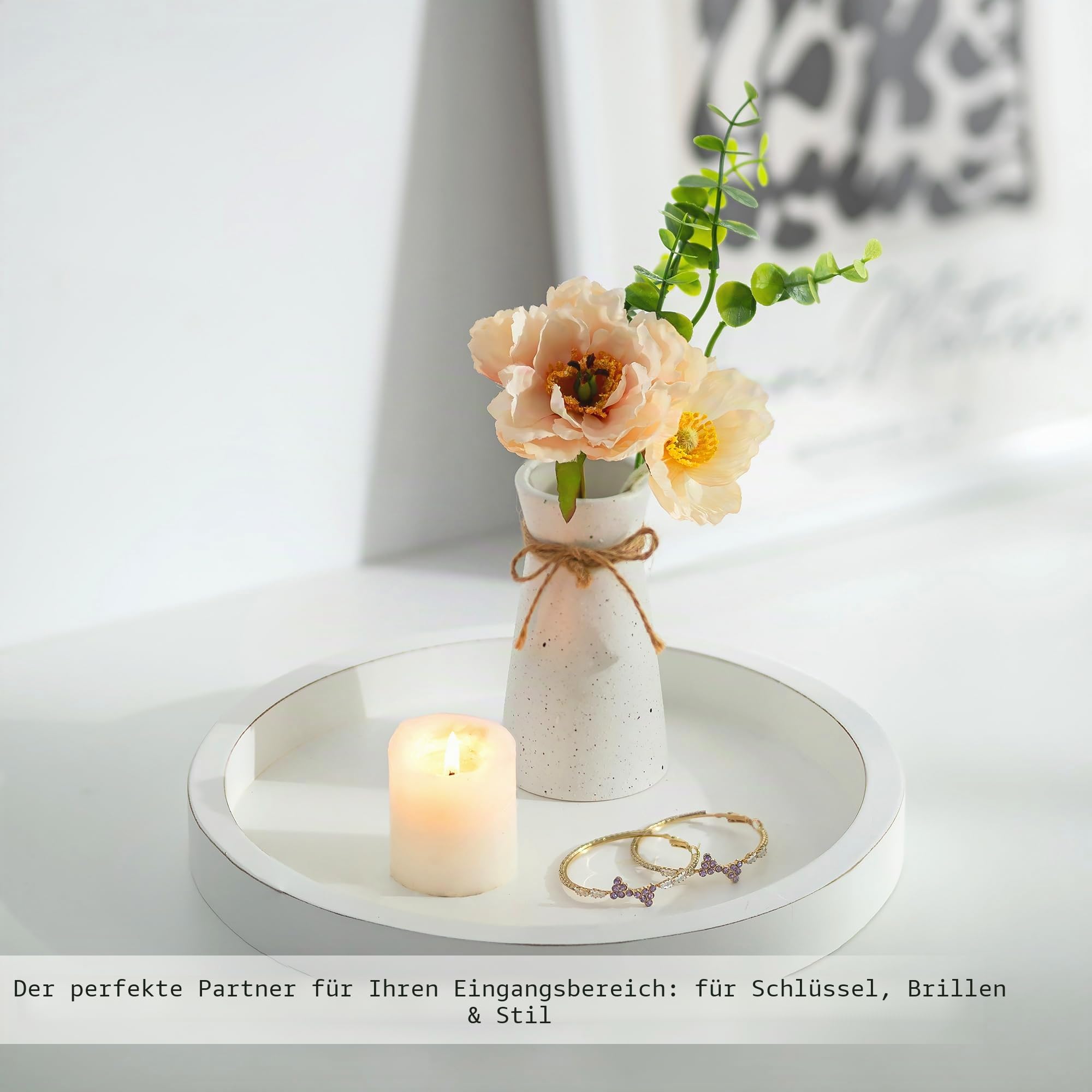 Hanobe Deko Wohnzimmer Tablett Serviertablett: Modern Rund Holztablett Weiß für Schlafzimmer Badezimmer - Weiss Holz Dekotablett 28cm für Tisch Deko