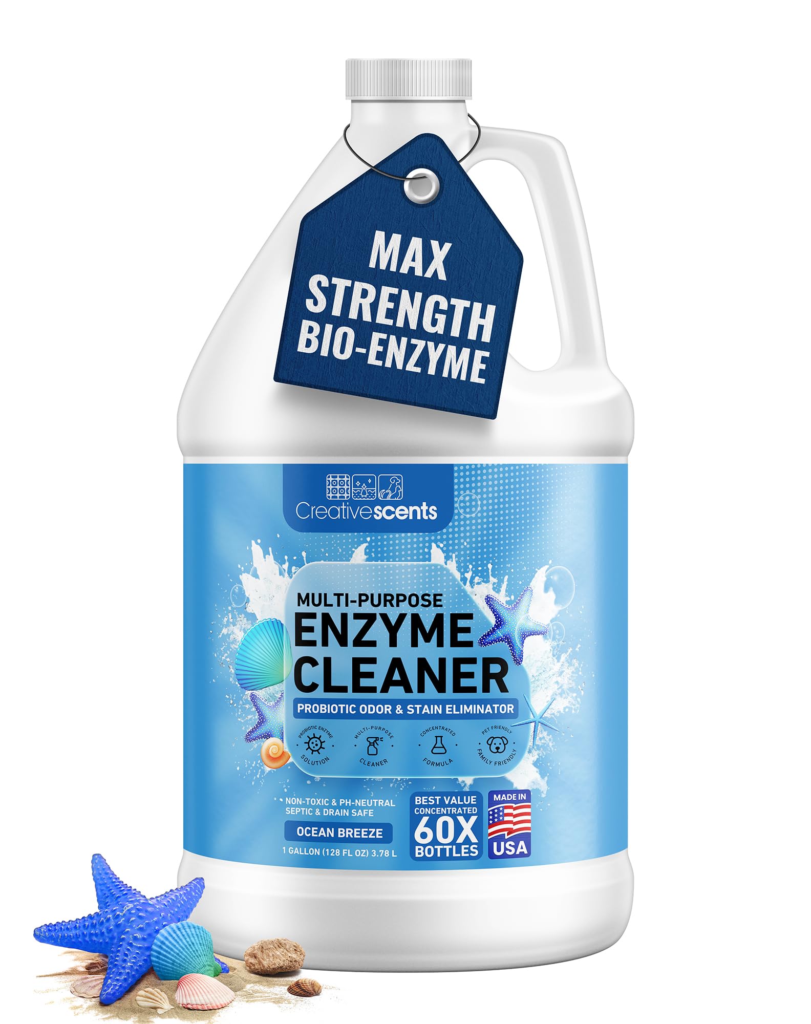 creative scents multipurpose enzyme cleaner & odor remover | super concentrated for floor, carpet, drain | pet urine odor eliminator | enzyme cleaner for cat urine & dog poop | 1 gallon - ocean breeze