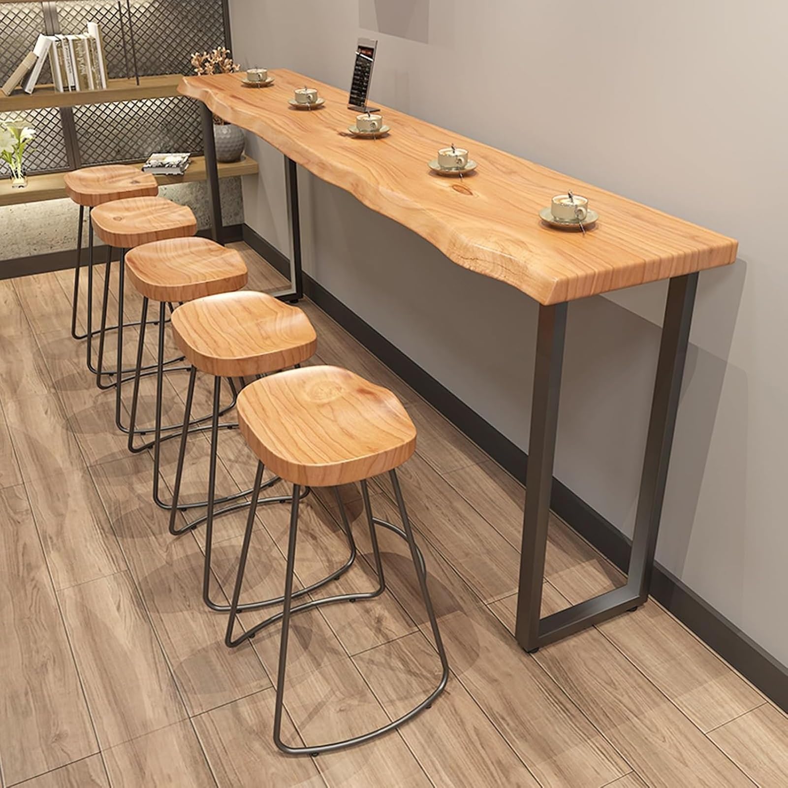 Tavolo da bar in legno massello, altezza bancone, tavolo da bistrot con gambe in metallo, design con bordo vivo, per sala da pranzo e colazione, tavolo rettangolare stretto (160 x 39,9 x 104,9 cm