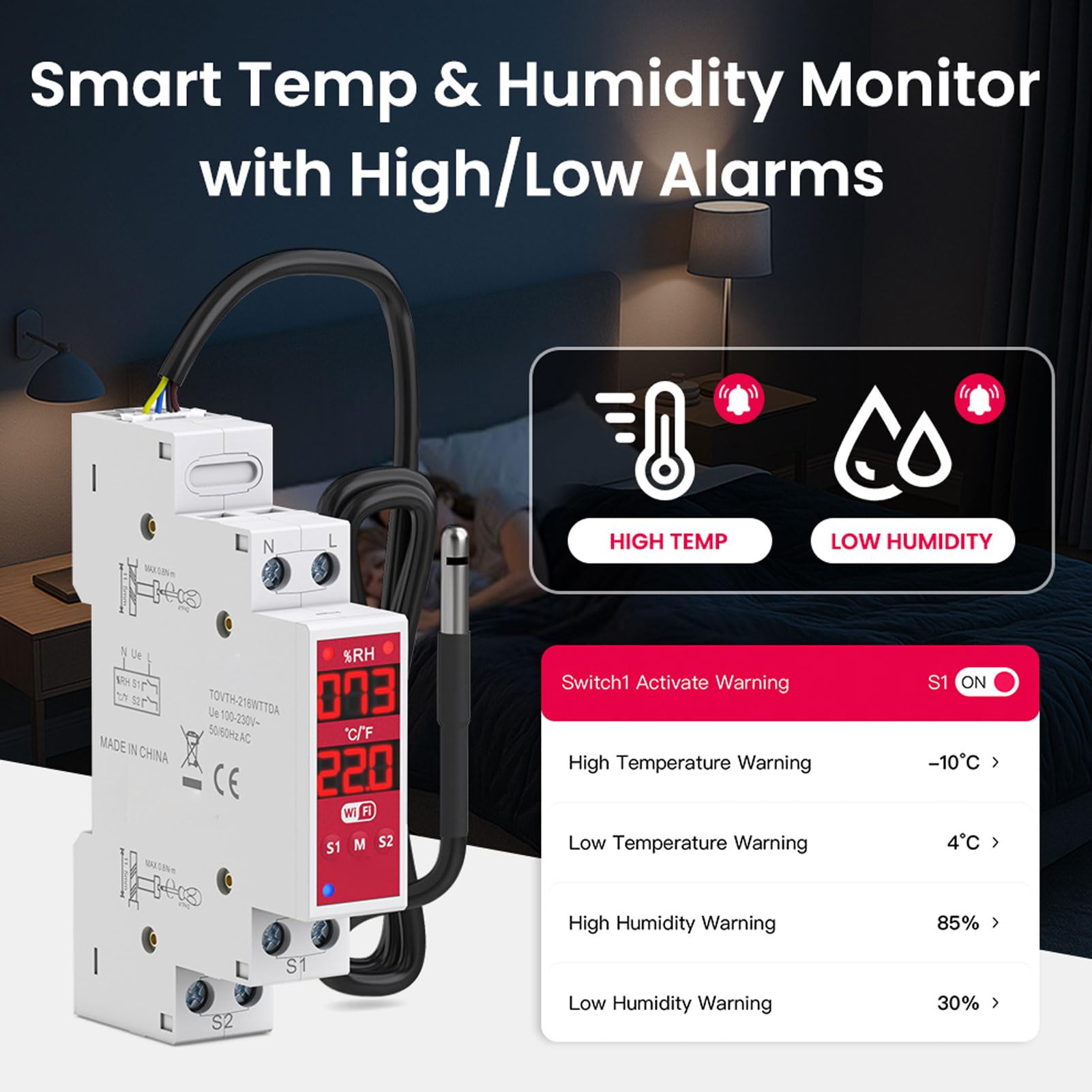 Sxhlseller Interruttore Intelligente di umidità della Temperatura WiFi 16A Montaggio su Guida DIN Monitoraggio in Tempo Reale per Incubatrice, Allevamento
