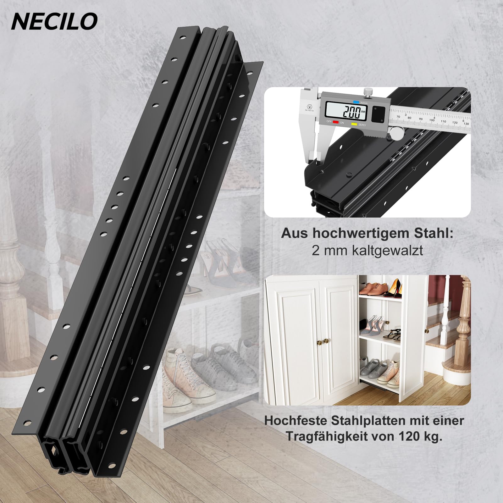 NECILO 600 mm Schwerlastauszug Schubladenschienen mit Bodenhalterung, 3 Falten Vollauszug, Kugellager, Versteckte Gleitschienen für Treppen, Schwarz, 106 KG Tragkraft, 1 Paar