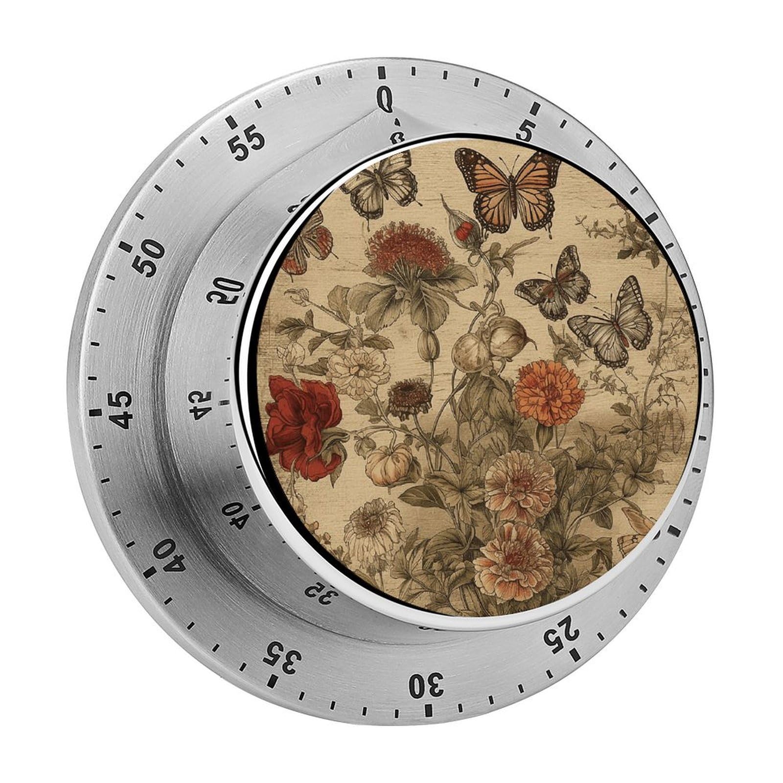 Wildflowers and Butterflies Timer Exquisite Stainless Steel Body Desk Visual Timer with Loud Alarm 60-Minute Mechanical Countdown Timers Magnetic Backing Cooking Kitchen Timers for Work