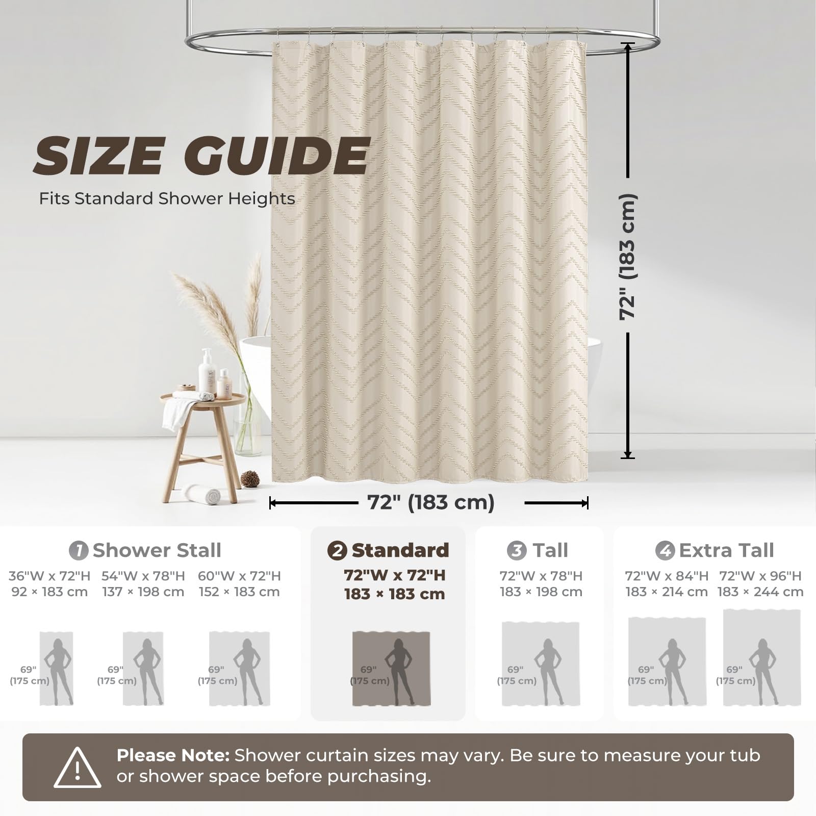 Tenda da doccia in stile bohémien, 183 x 182 cm, moderna, stile bohémien, chic, trapuntata, a righe, minimalista, in tessuto beige, crema