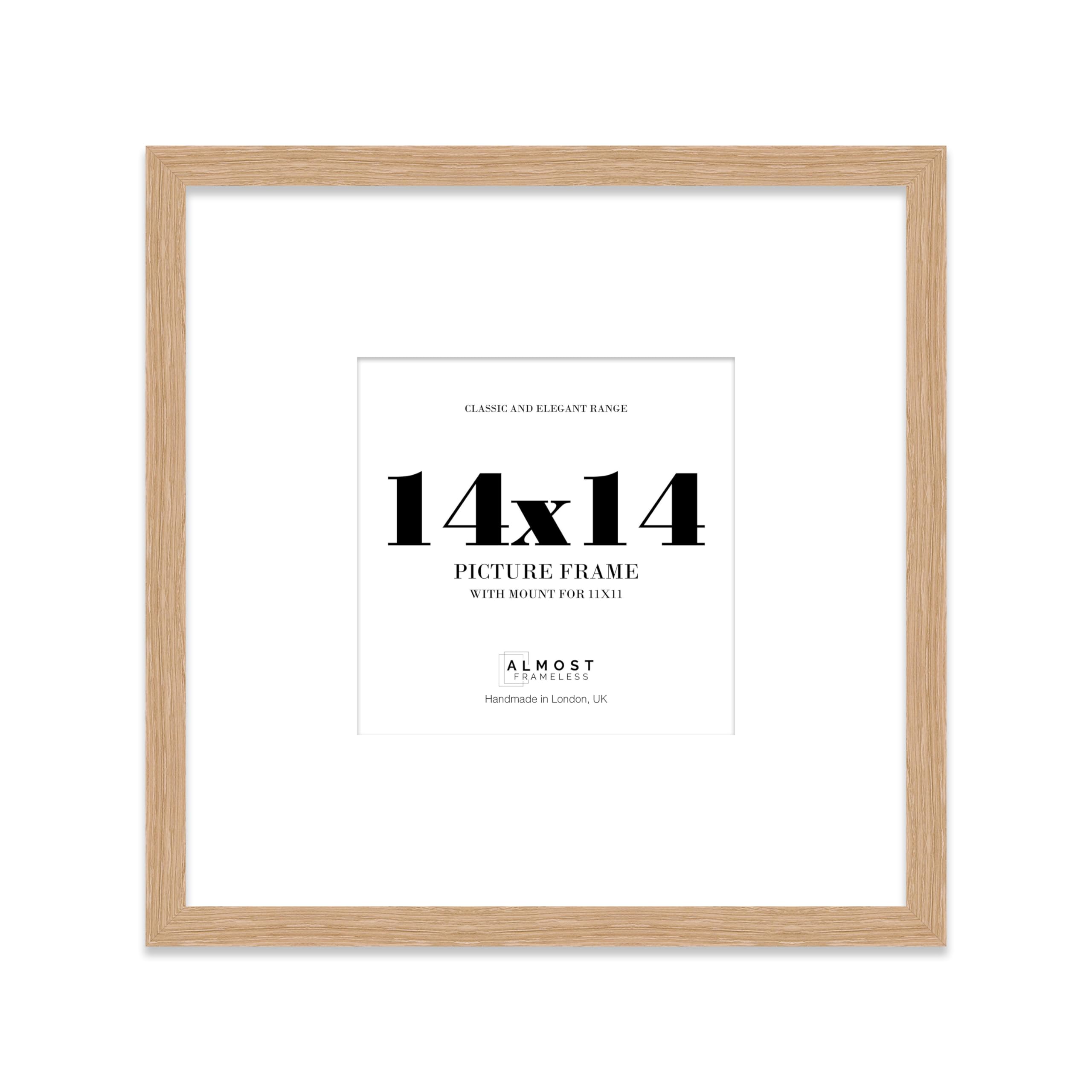 Almost Frameless 14x14 Square Picture Frame, Display Pictures 11x11 With Mat or 14x14 Without Mat, Wall Hanging & Free Standing Photo Frame, Oak, 1 Pack
