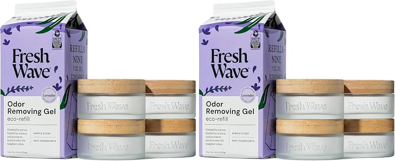 Refil de Gel Removedor de Odores Fresh Wave com Aroma de Lavanda 1,79 kg, 4 Frascos de Vidro Reutilizáveis, Conjunto com 2