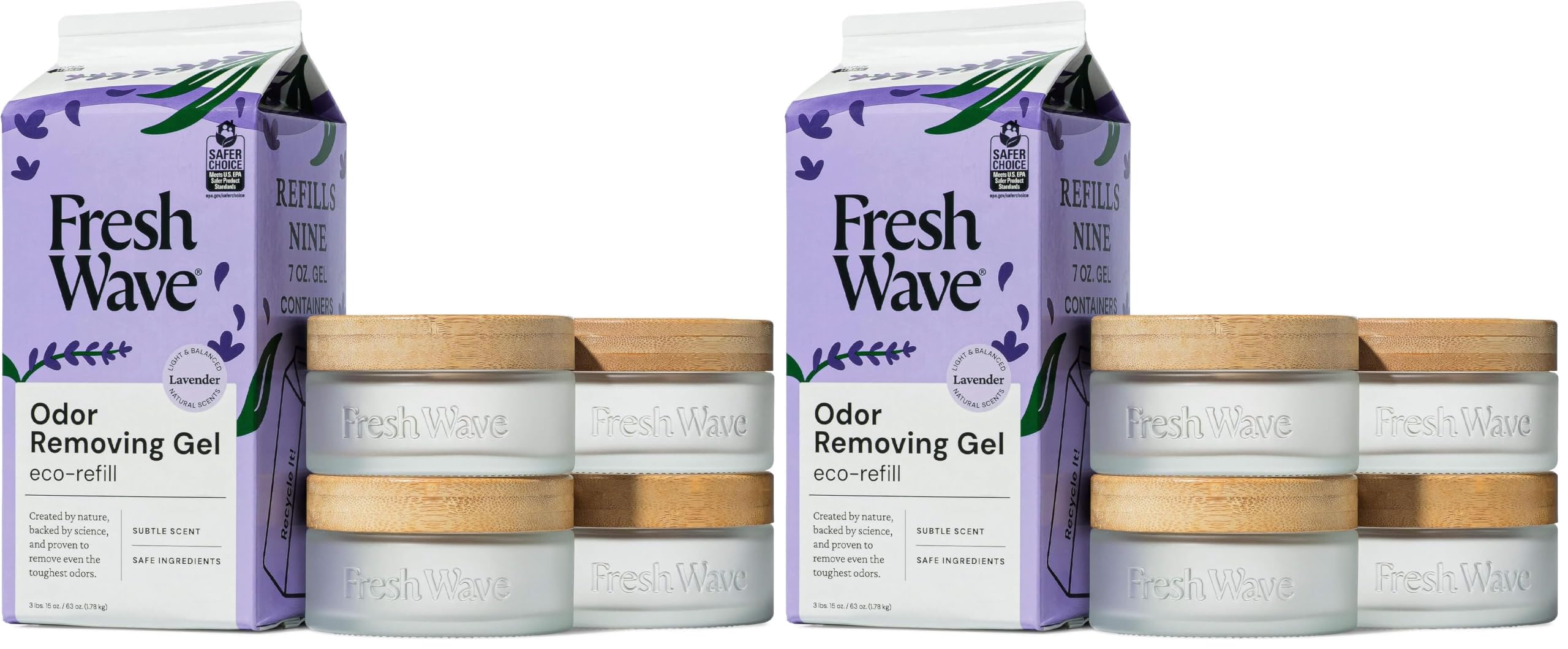 Fresh Wave Odor Removing Gel Eco-Refill, 63 oz. Lavender Scent | 4 Empty Refillable Glass Jars | 4 Room Set (Pack of 2)