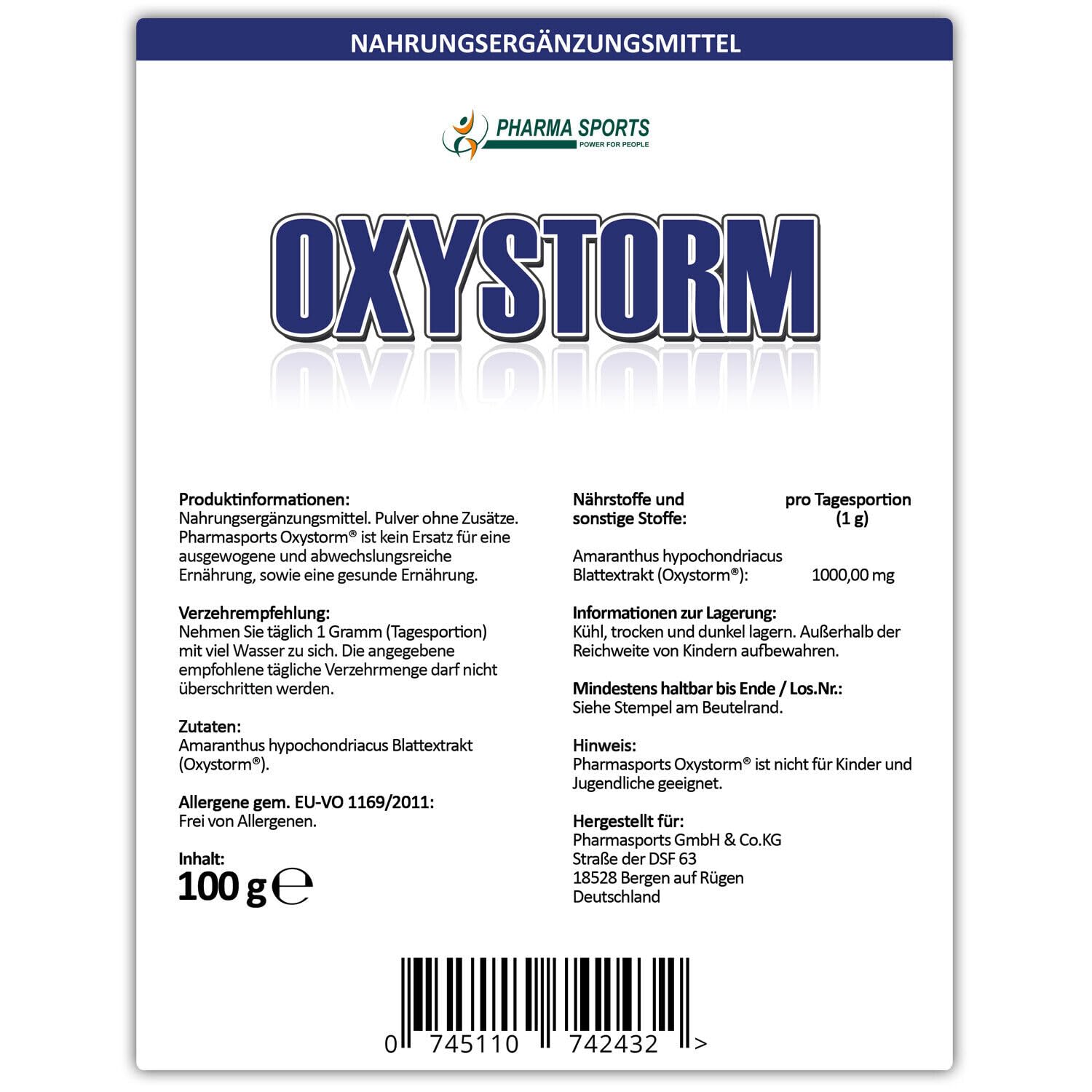 Reines Amaranthus Blattextrakt Pulver 100g (Oxystorm®) Nitrate Powder ohne, Trennmittel, Farbstoffe usw