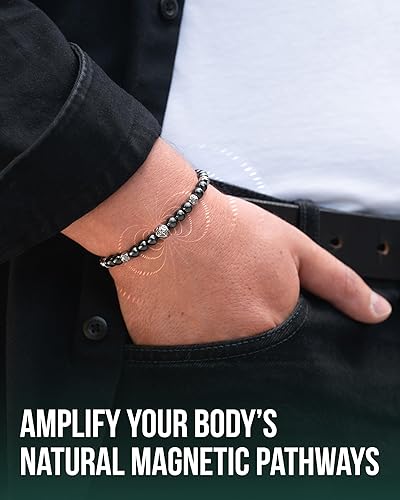 Miniatura 3 de MagnetRX Pulsera magnética de hematita, piedras magnéticas de máxima fuerza con dijes de acero inoxidable, elegantes pulseras de cuentas de hematita