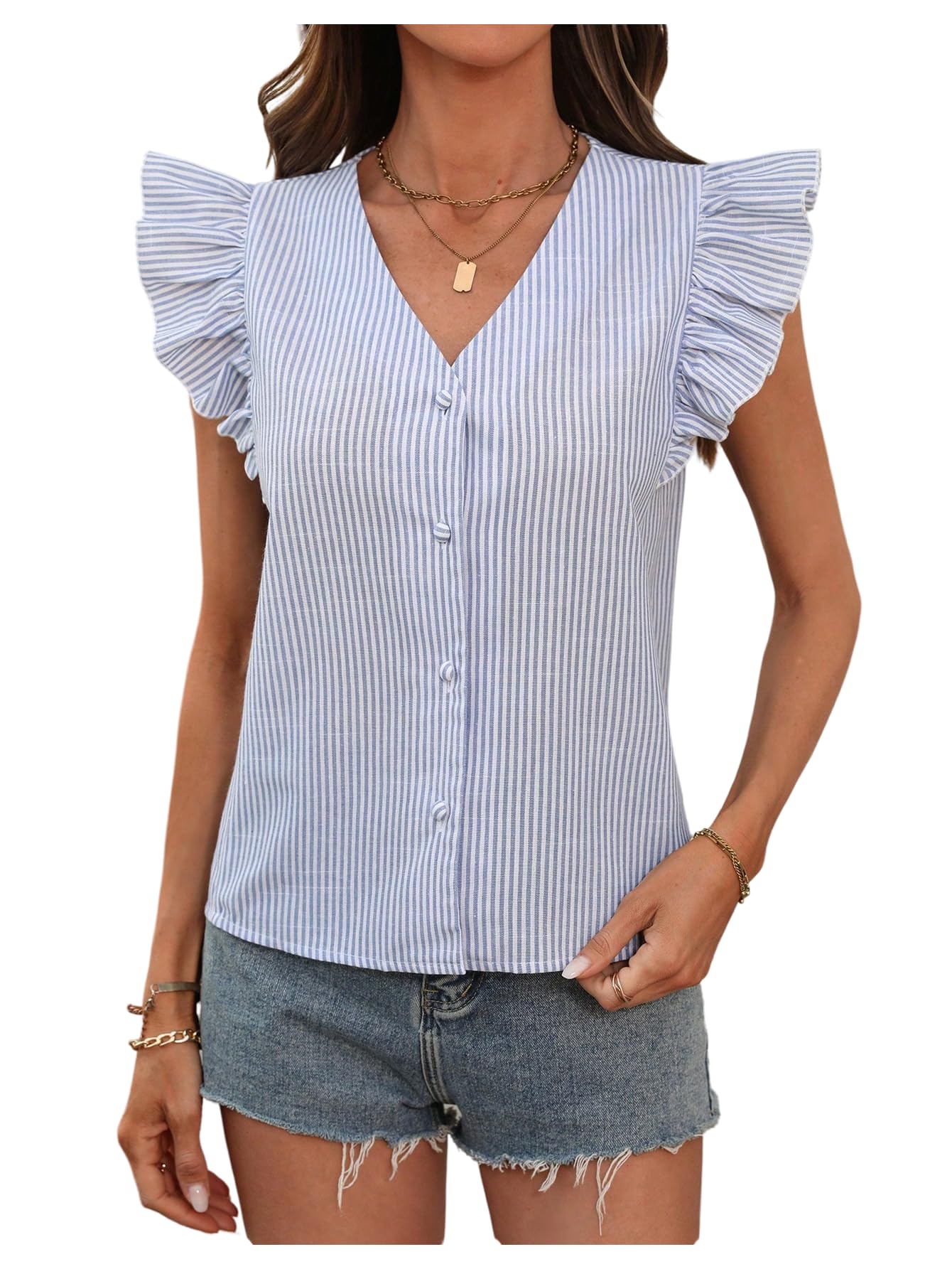 Women's Striped V Neck Button Down Shirt Ruffle Cap Sleeve Business Casual Blouses