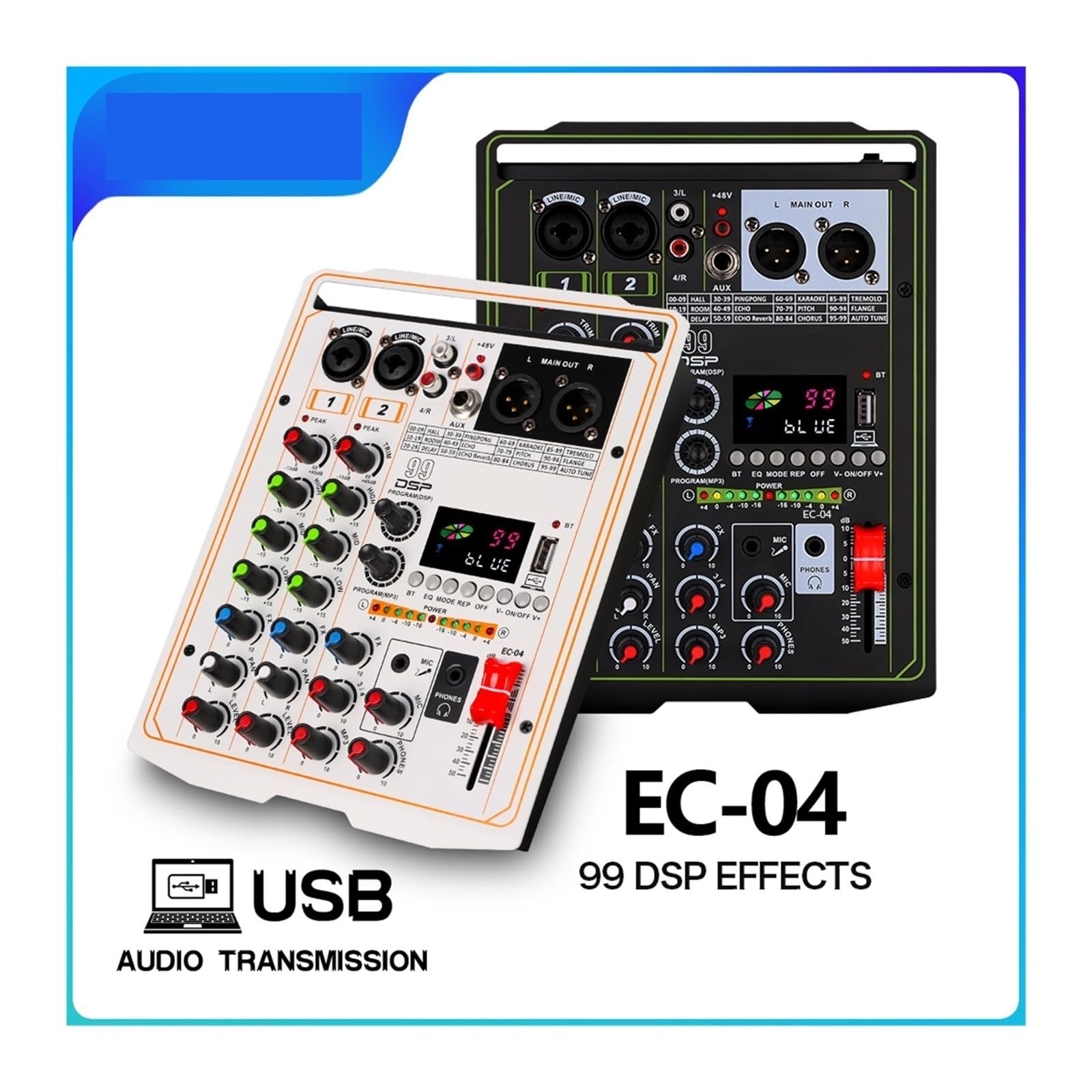 Mikser dźwięku, 99 DSP Mikser efektów 4-kanałowy przenośny 48V Phantom Power Monitor DJ konsola do profesjonalnego studia(White)