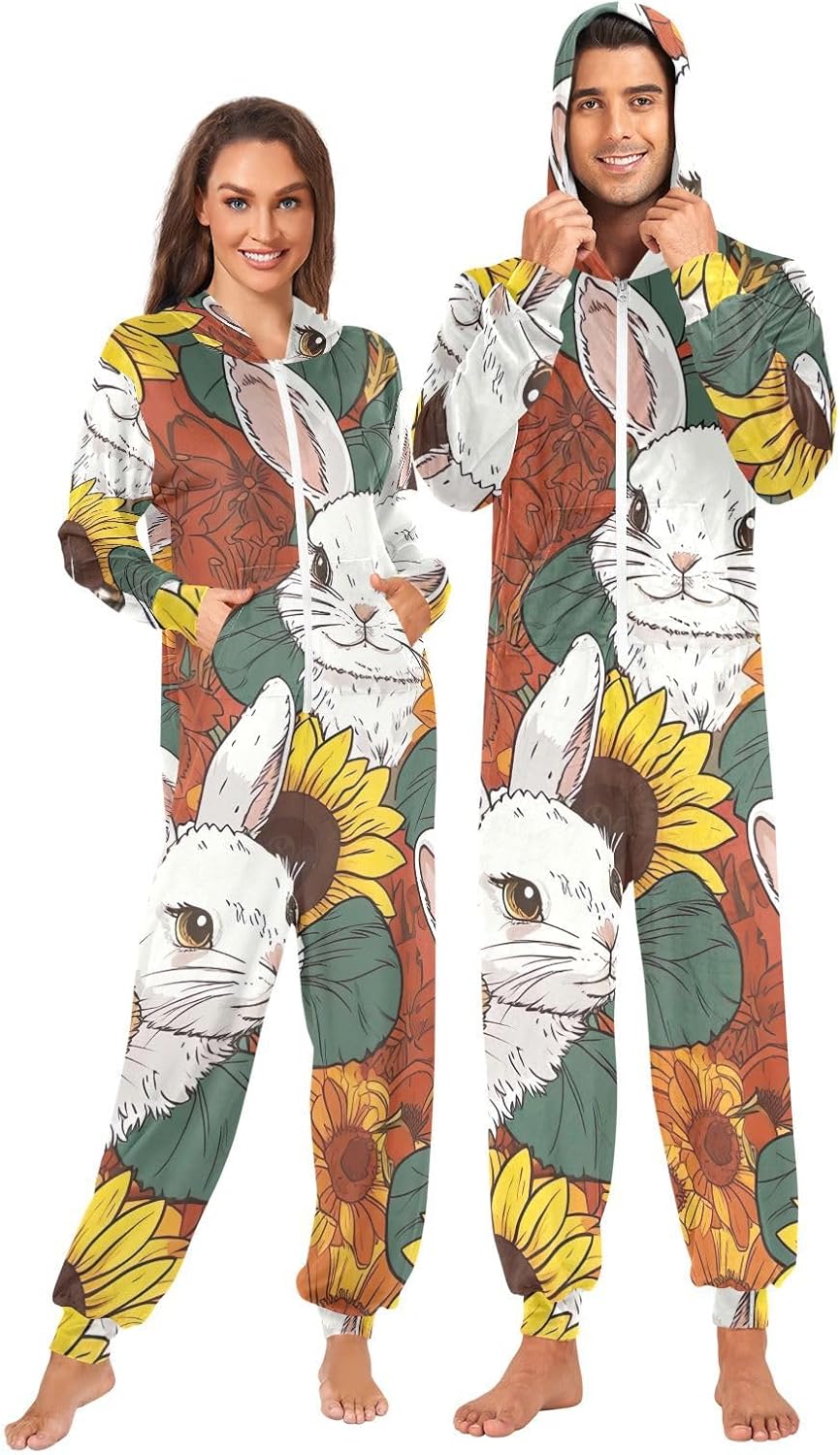 GAIREG Retro Rabbits Sunflowers Men's Women's Pajama Onesie, Warm Unisex Adult Christmas Onesie Pajamas