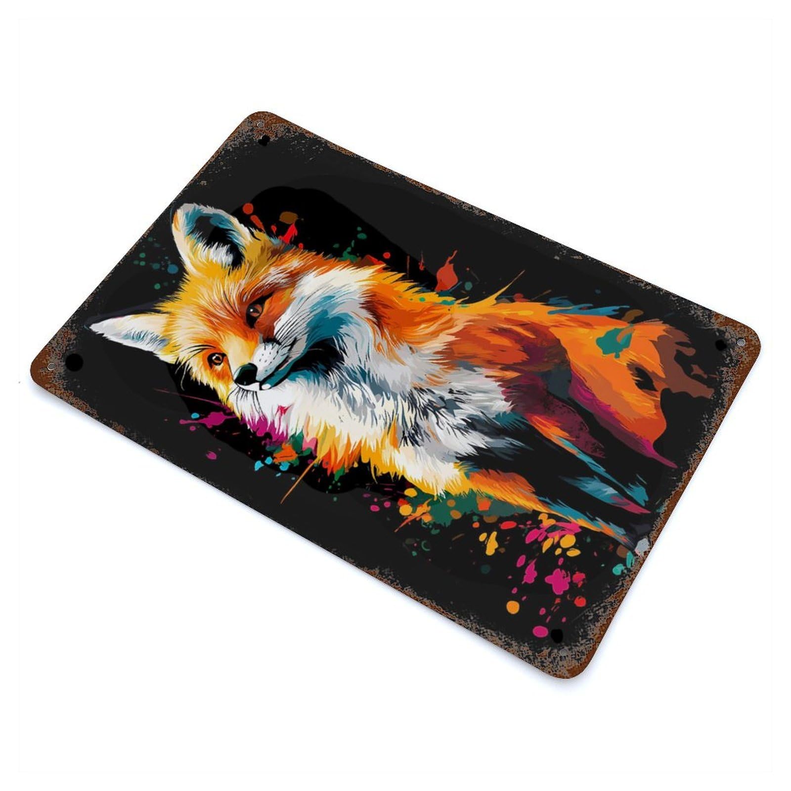 Colorful Fox Portrait on Black Background Decorative Tin Sign 11.8"x7.9", for Bistro, Counter And Cafe Decor, Retro Wall Decor