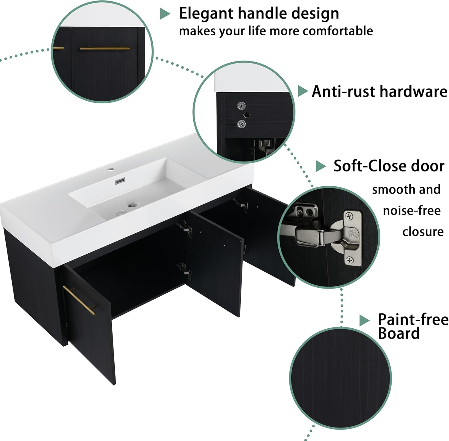 Close-up of vanity features including soft-close hinges and handles