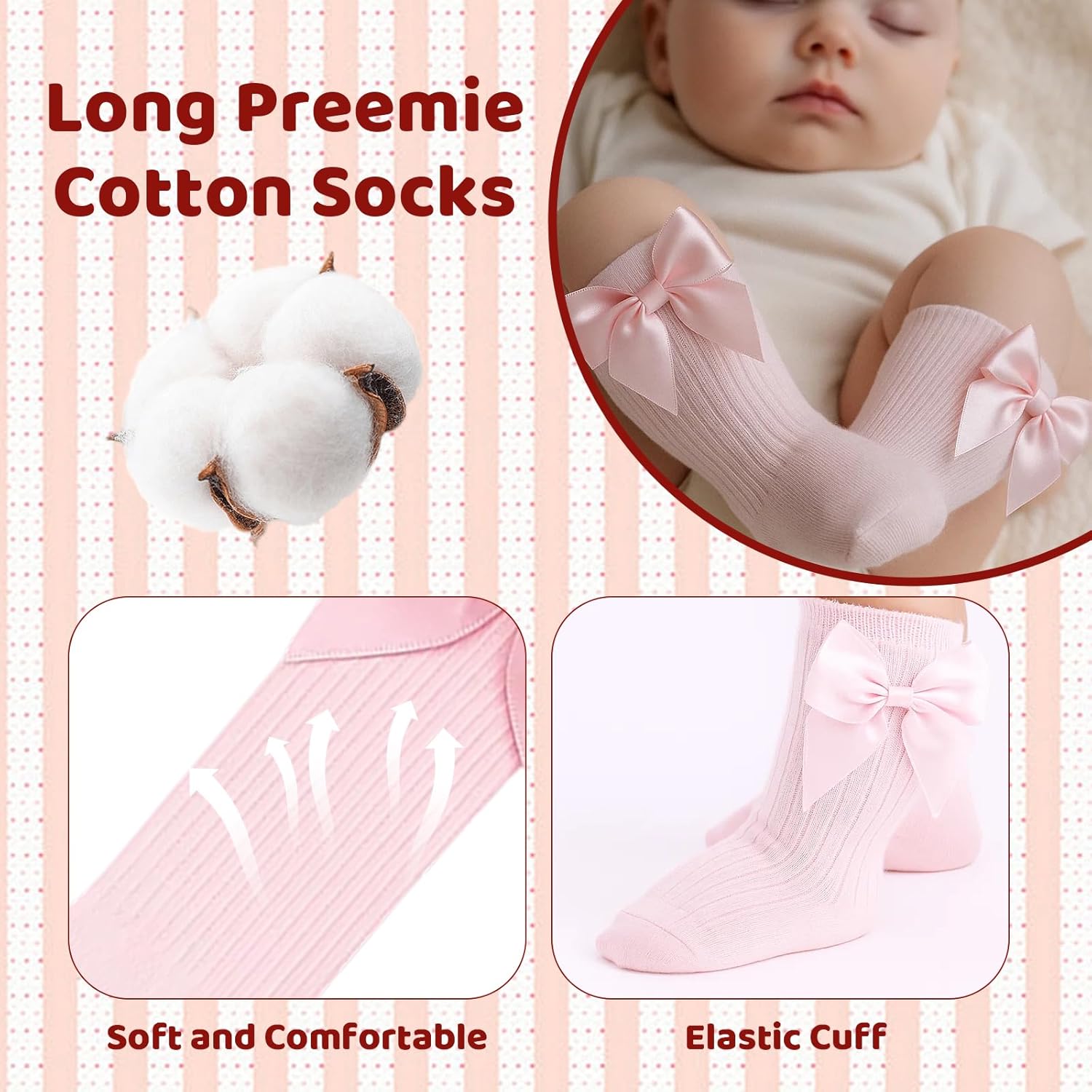 Newborn Knee High Socks Girl, 5 Pairs Soft Cotton Knee High Long Baby Socks for Premature Infants 3-7 lbs Newborn Girls Boys, Ideal for Daily Wear and Special Occasion Gifts - Image 5