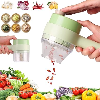 4 in 1 Electric Handheld Cooking Hammer Vegetable Cutter Set Food Chopper Multifunction Vegetable Fruit Slicer,for Garlic Pepper Chili Onion Celery Ginger Meat with Brush.