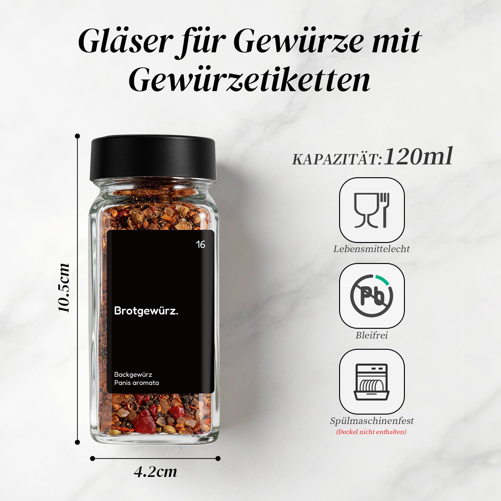 MHDCLY Lot de 36 bocaux à épices avec insert à saupoudrer - 120 ml - En verre avec couvercle noir - Avec 342 étiquettes (allemand) et entonnoir - Lot de pots à épices pour organisateur d'épices