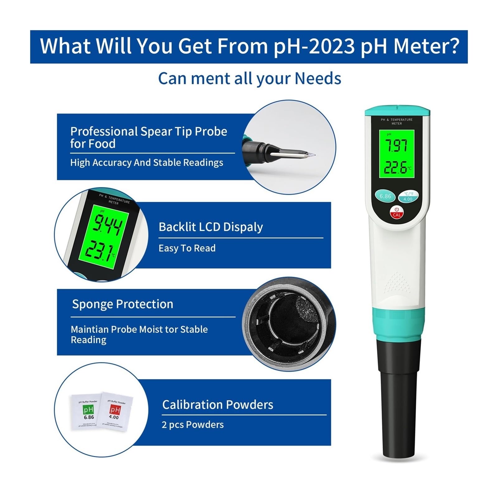 Equipo de Prueba de Agua, Medidor de pH Alimentos 0,00~14, Probador Temperatura Sensor Alta precisión Analizador acidez for Carne Enlatado Queso Masa Agua