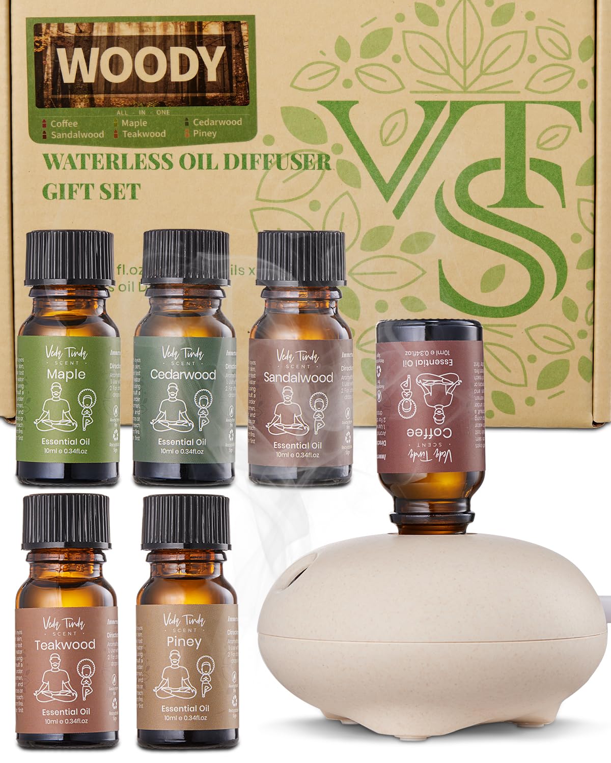 VTS Waterless Diffuser with Woody Scent Essential Oils Gift Set, Aromatherapy Oil Blends for Diffusers for Home, 6X 10ml - Coffee, Maple, Cedarwood, Sandalwood, Teakwood, Piney