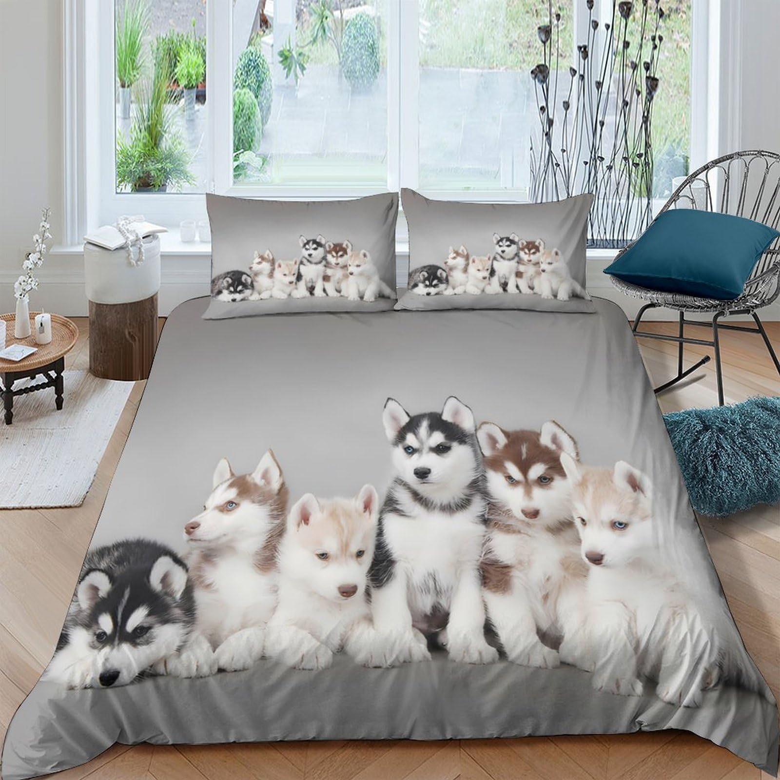 Ctjqhvkz Style-5 3D Printed Husky Puppy Fitted Sheet Microfiber Soft Grey Dog Pattern Mattress Cover For Bedroom Guest Room Decor Single（135X200cm）