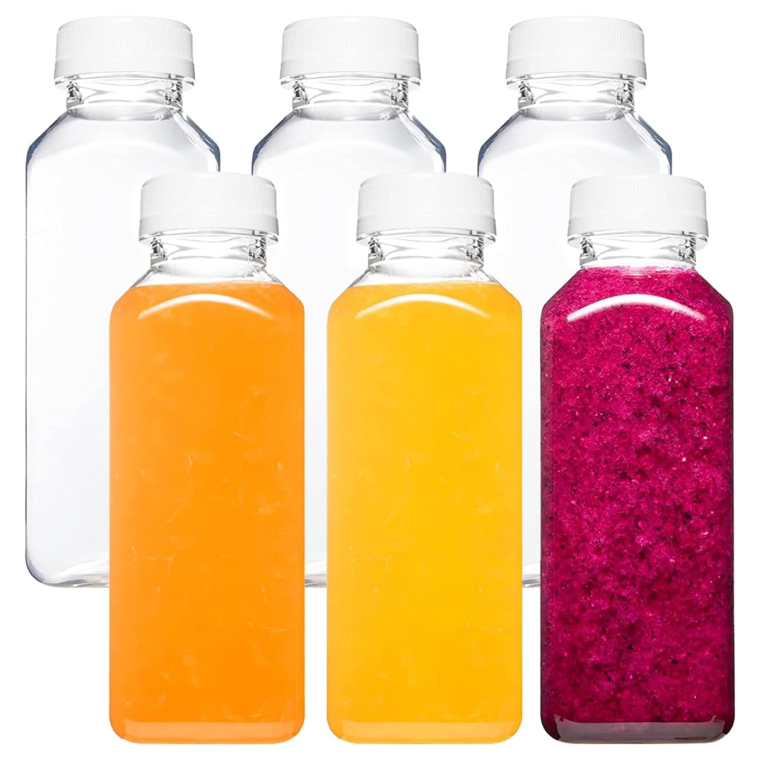 Norcalway Plastic Juice Bottles with Caps, Reusable Juicing Bottles, Clear Drink Containers with Lids for Juicing, Smoothie and Other Beverages - 12oz 6pcs