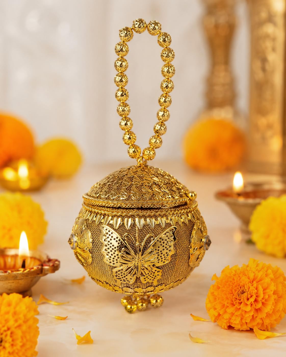 Golden Potli Bag, Traditional Metal Clutch with Beaded Handle