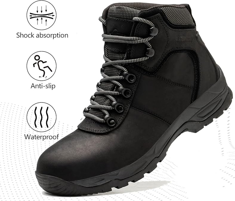 Waterproof Hiking Boots for Men, 6 Comfortable Soft Toe Shoes Mid Non Slip Hiking Shoes Outdoor Travel Shoes Leather Hiking Backpack Boots