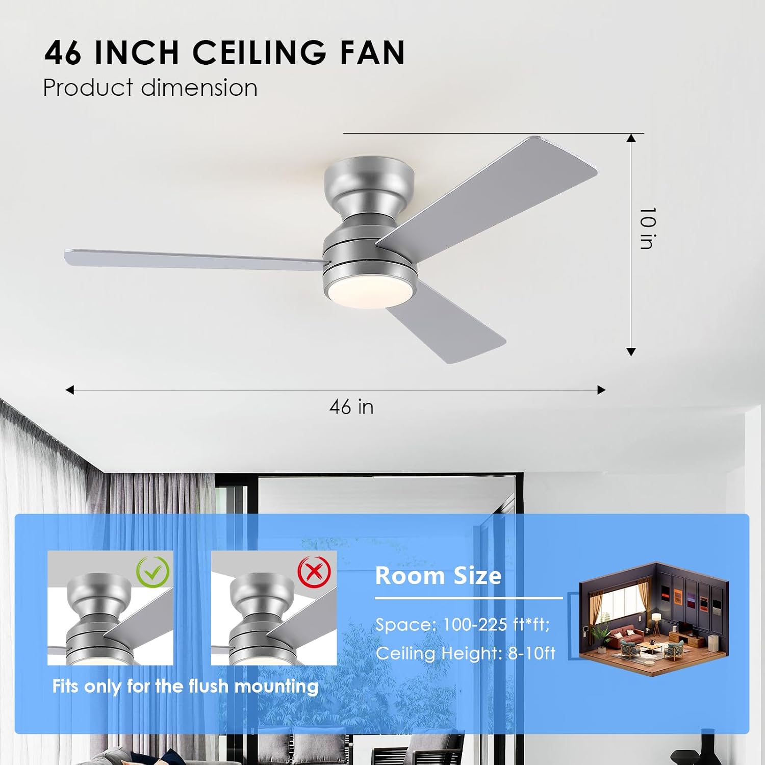  46" Silver Modern Low Profile Ceiling Fans with LED Lights and Remote thumbnail