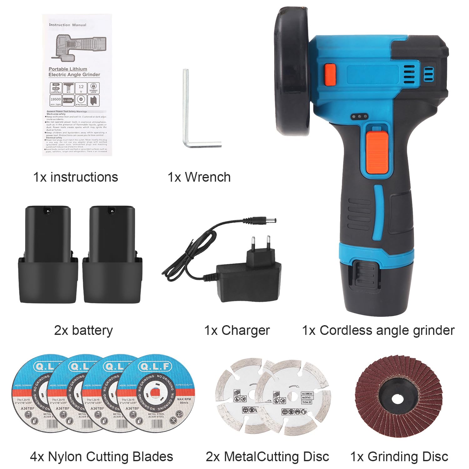 Mini Meuleuse D'Angle Sans Fil 19500RPM 12V Professional Disqueuse Sans Fil avec 2 batteries 4500mAh, 7 Disques à Tronçonner 75mm, Meuleuse d'angle pour Meuler et Polir, Couper