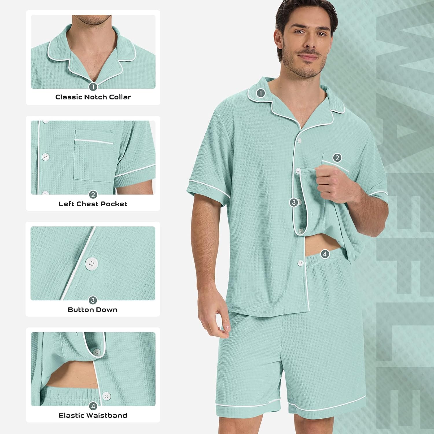 SIORO Mens Pajamas Set Short Sleeve Sleepwear Button Down Pjs Set Waffle Knit Loungewear Nightwear Shorts Set with Pockets - Image 4