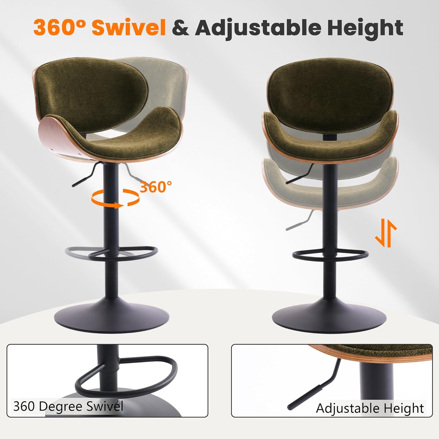Rowill Swivel Single Bar Stool, Modern Adjustable Green Upholstered Barstools Counter Height with Backrest for Bar, Kitchen Island, Dining Room