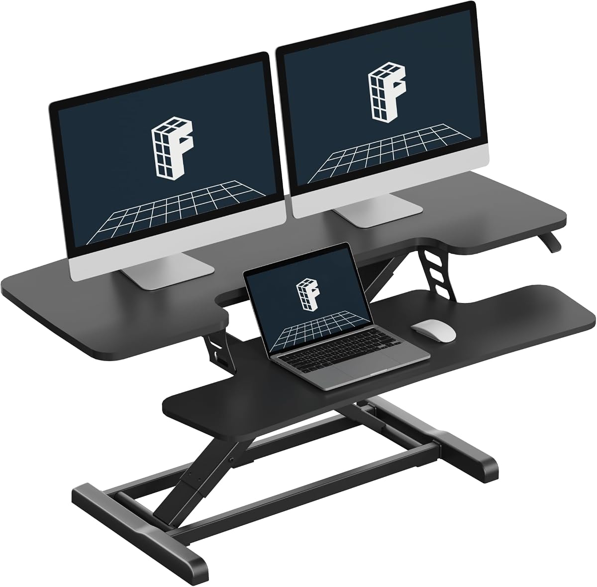Convertidor de escritorio de pie de 42 pulgadas, elevador de escritorio con soporte para sentarse ajustable en altura ergonómica extra grande, estación de trabajo para computadora espaciosa con bandeja ancha para teclado, negro