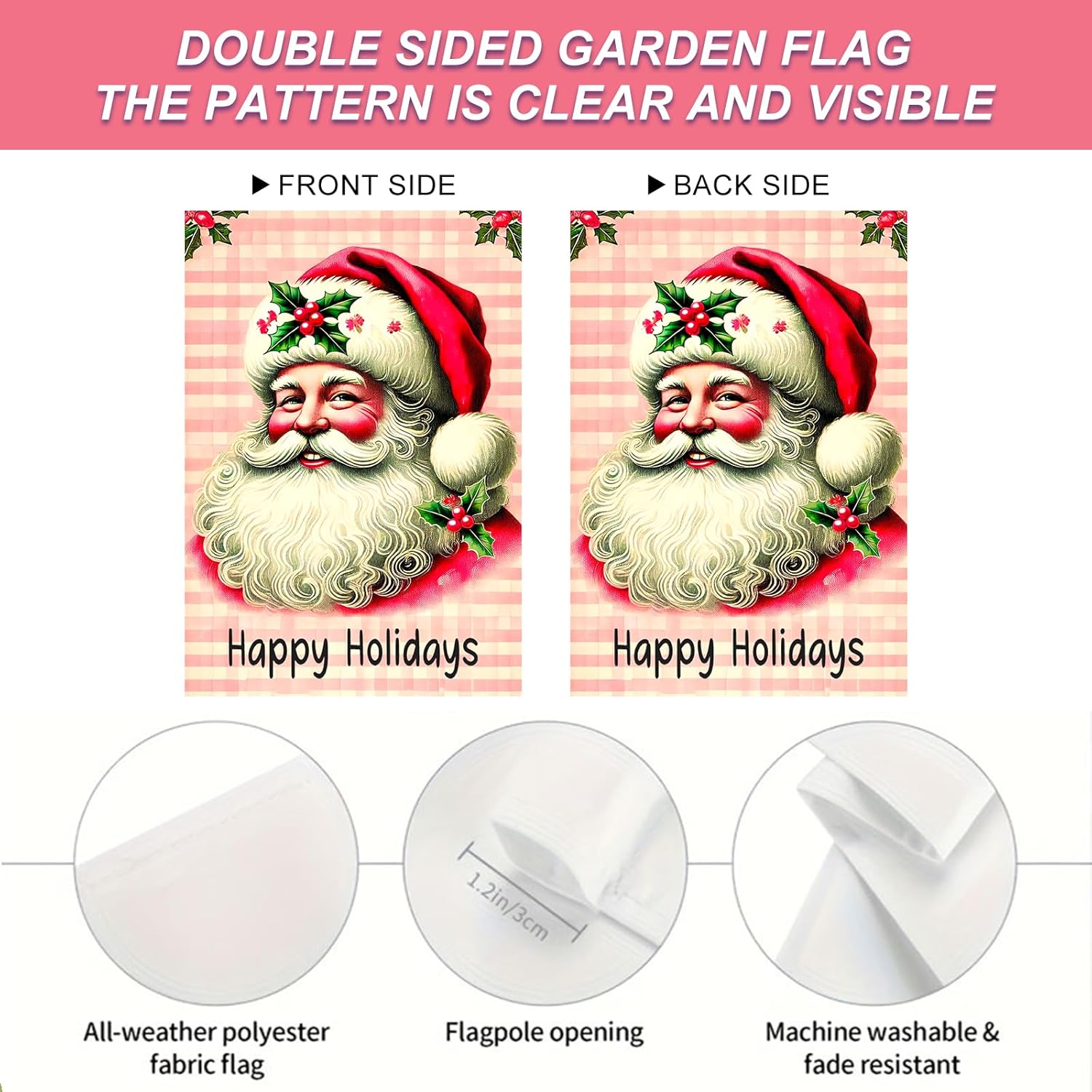 Christmas Garden Flag 12x18 Inch Vintage Santa Happy Holidays Flag Double Sided Classic Holiday Banner Outdoor Retro Claus Yard Decoration for Porch Lawn - Image 4