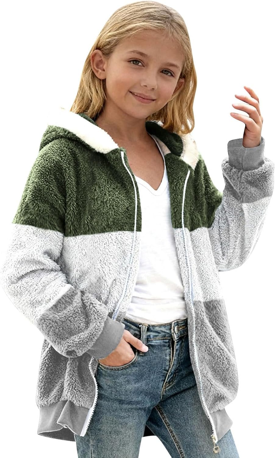 Girls Fuzzy Fleece Hoodie Full Zip Color Block Sherpa Coat Cute Fall Winter Warm Furry Hooded Outerwear Soft Plush Sweatshirt