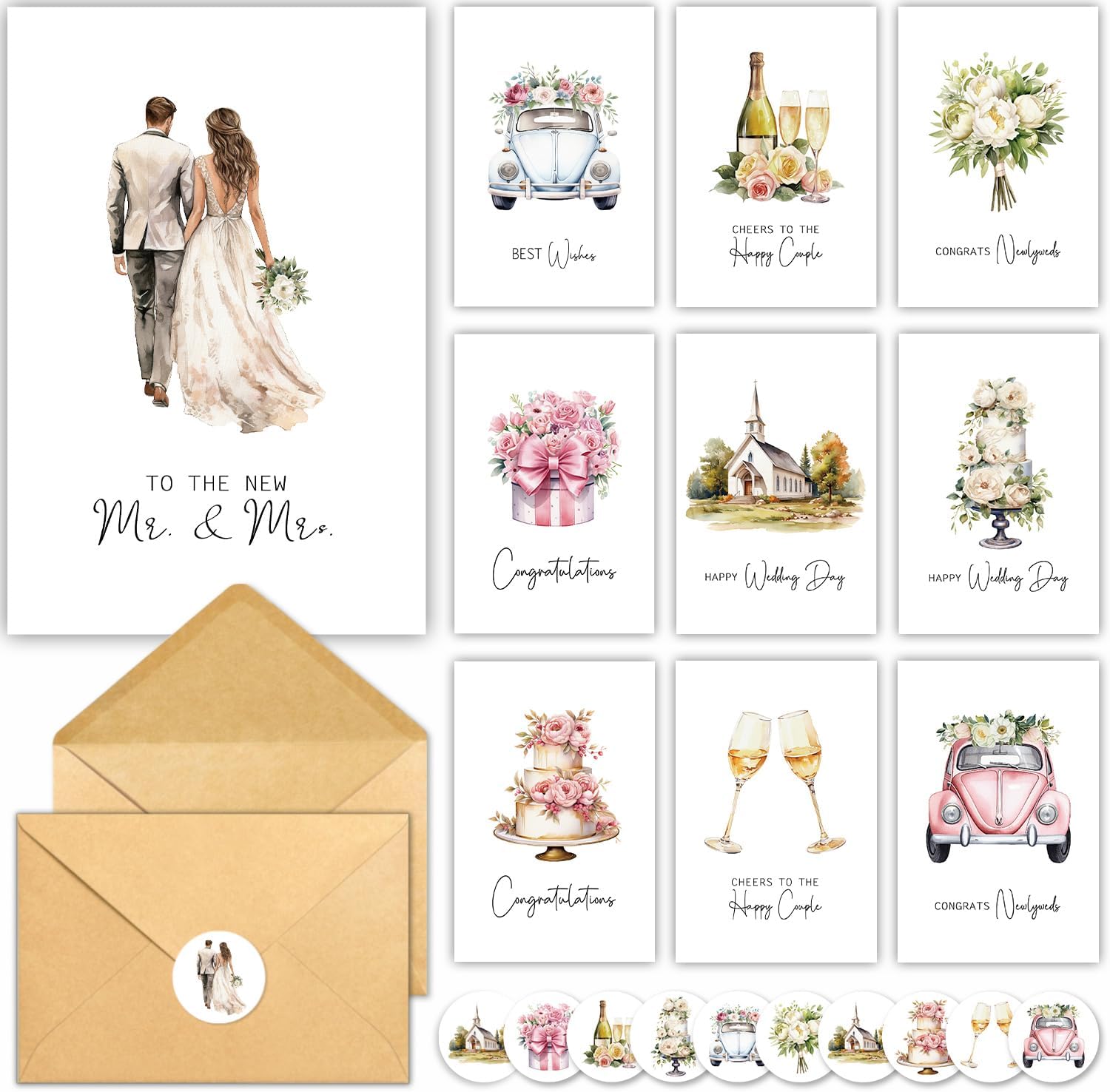 20 Wedding Cards with Envelopes and Stickers, 4"x6" Watercolor Retro 10 Designs Blank Congratulations Cards for Bride Groom, Bridal Showers Engagement Parties