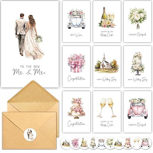 20 Wedding Cards with Envelopes and Stickers, 4"x6" Watercolor Retro