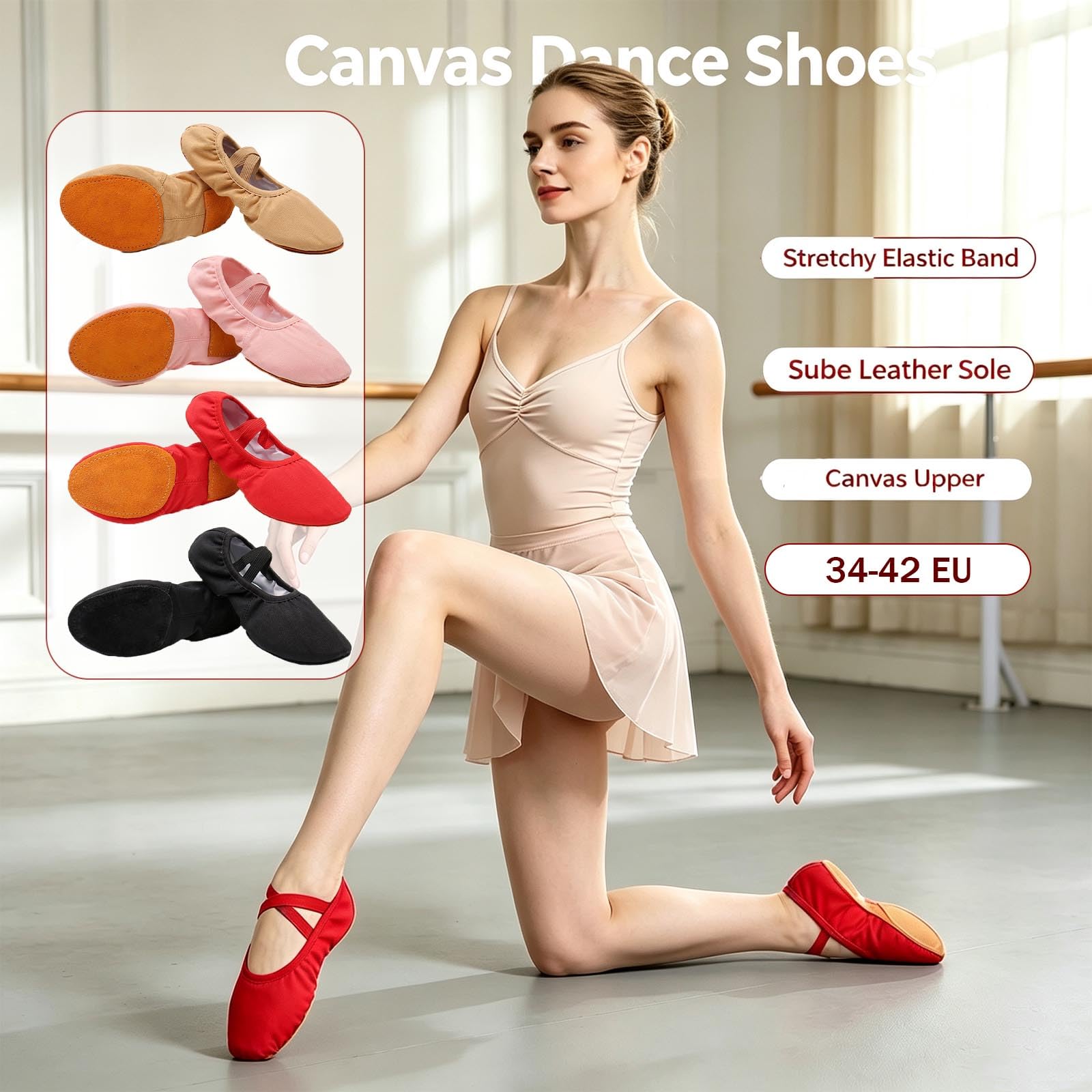 Ballettschuhe Damen Canvas Tanzschuhe Mit Ledersohle Ballettschläppchen, 42