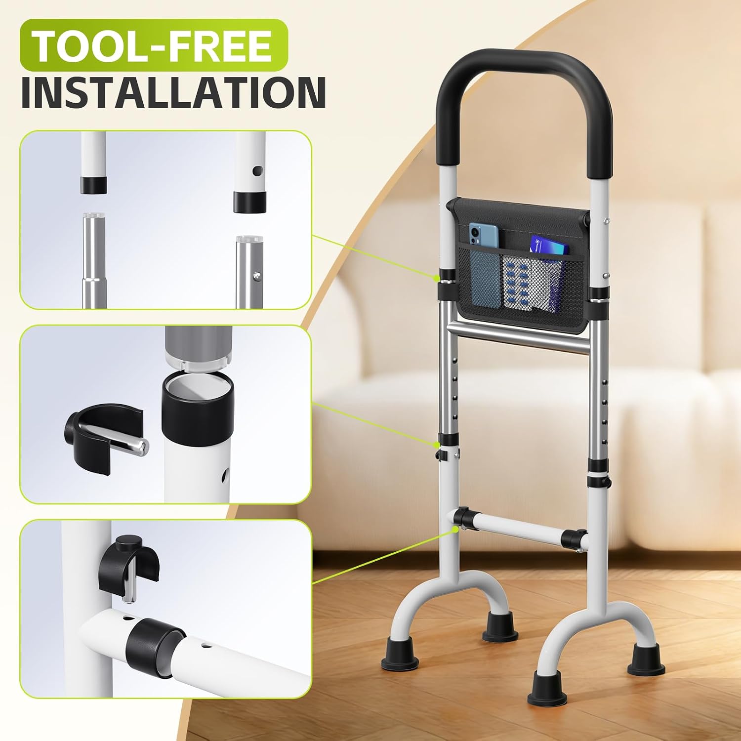 Walking Cane Portable Stand Assist Rail Bar for Recliner Chair Toilet; Quad Canes for Seniors; Hip Knee Replacement Aid; Height Adjustable 30" to 36'' Suitable for Elderly