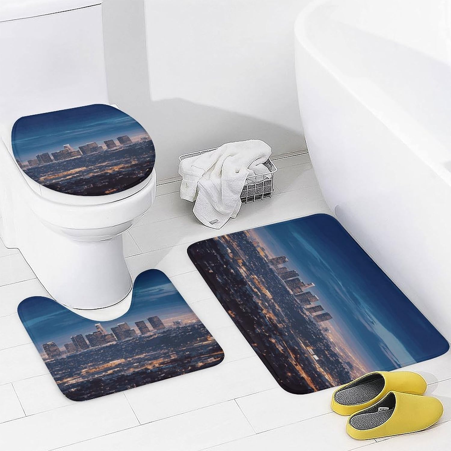 Los Angeles Skyline Bath Rug Set 4 Piece,Bathroom Accessories Set-Toilet Rugs U Shaped,Toilet Lid Cover,Shower Curtain and Rugs,Ultra Soft, Absorbent,Home Decor