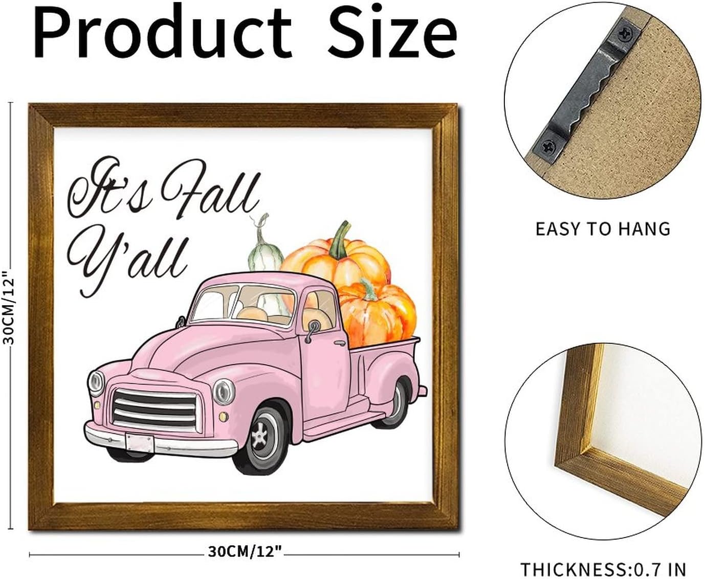 It's Fall Y'all Plaid Pumpkin Pink Truck Wood Framed Signs Maple Leaves Hanging Wall Art Classic Autumn Harvest Wall Decor Hanging Plaque Sign for Living Room Bedroom Dining Room 12x12 inch