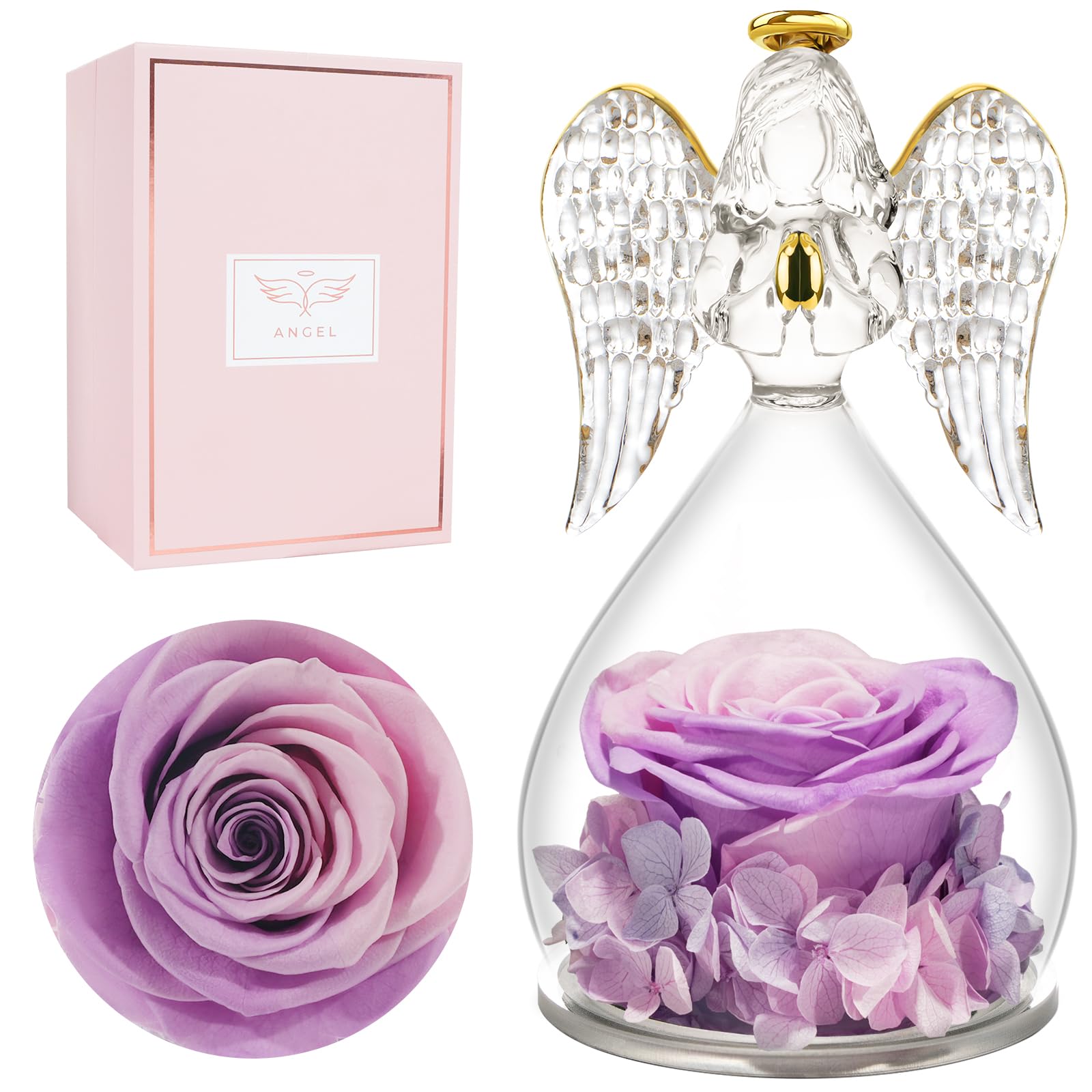 Miofula Gifts for Mom Birthday Gifts for Women, Preserved Flowers Rose in Glass Angel Figurines, Fresh Flowers for Delivery Anniversary Forever Real Roses Gifts for Mothers Grandma Her Wife Girlfriend