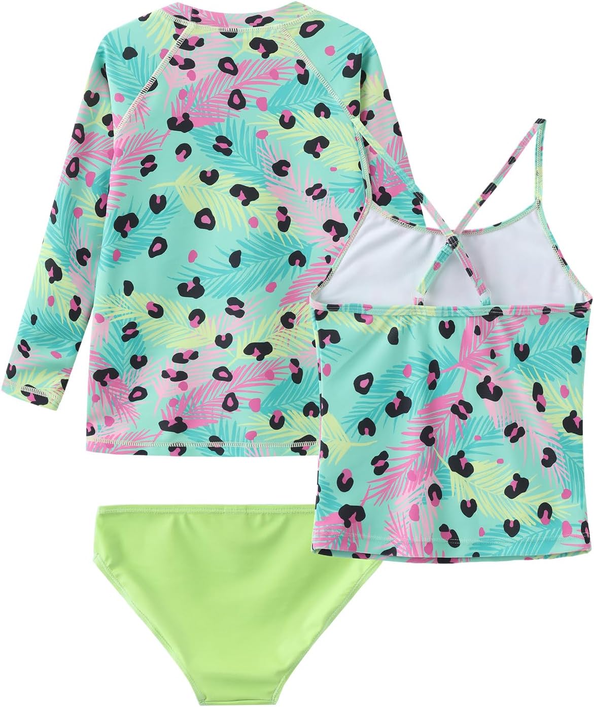 Girls 3 Piece Rash Guard Swimsuits Set Tankini Bathing Suits for Girls Long Sleeve Beach Swimwear 3-16 Years