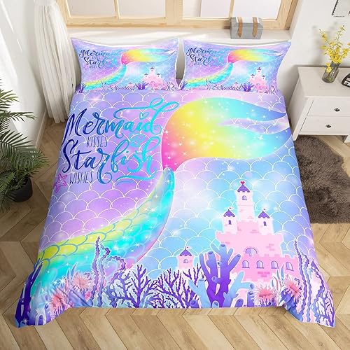 Castle Fairy Juego de funda de edredón de cola de pez de sirena, tamaño Queen, juego de ropa de cama de escamas de sirena de acuarela arcoíris, 3