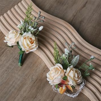 Champagne Wrist Corsage and Boutonniere Set, 2Pcs Bridesmaid Mother Grandmother Corsage and Men Boutonniere for Wedding Homecoming Accessories Prom Suit Decorations