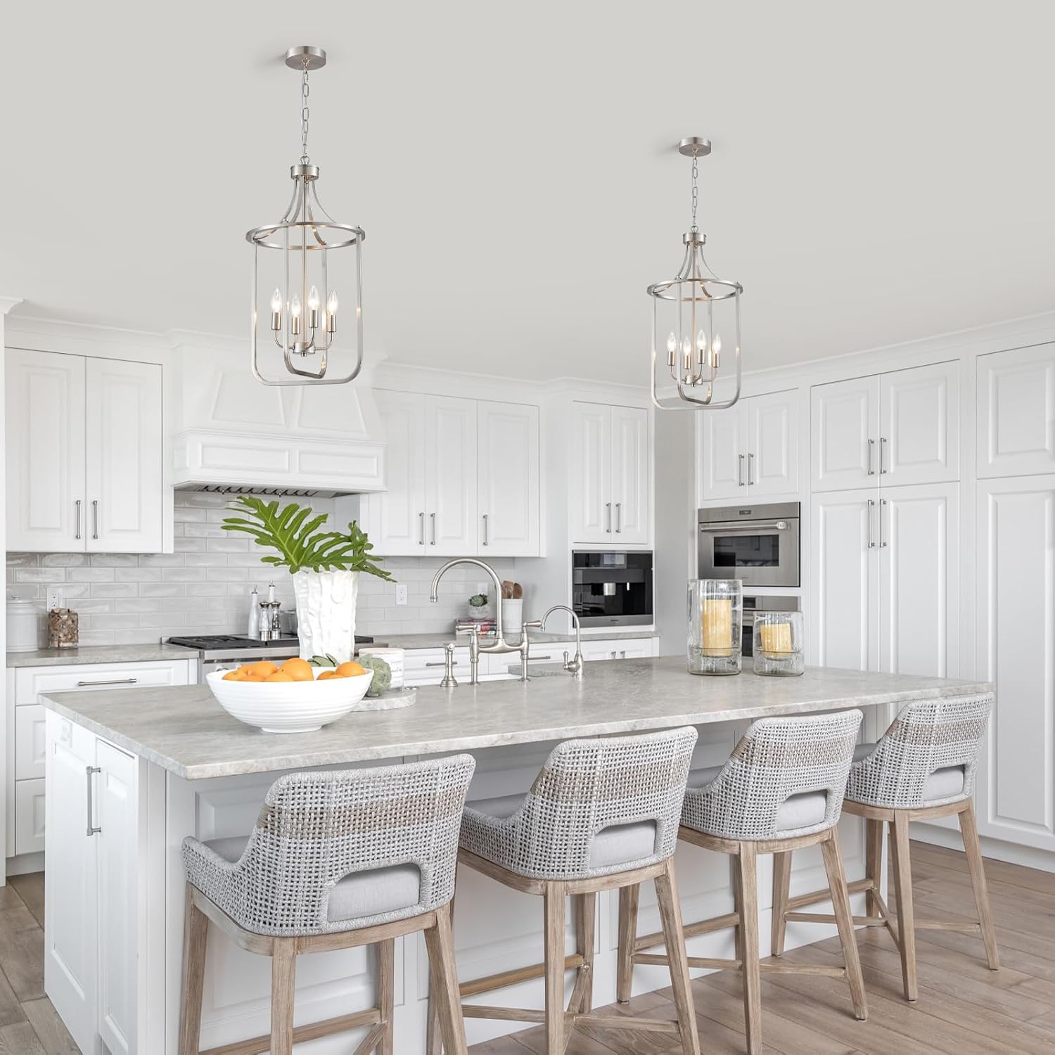 12.4" Brushed Nickel Lantern Chandeliers for Dining Room 4 Lights Farmhouse Geometric Cage Pendant Lighting Fixture Adjustable Height Hanging Lamp for Kitchen Island Entryway Living Room Foyer