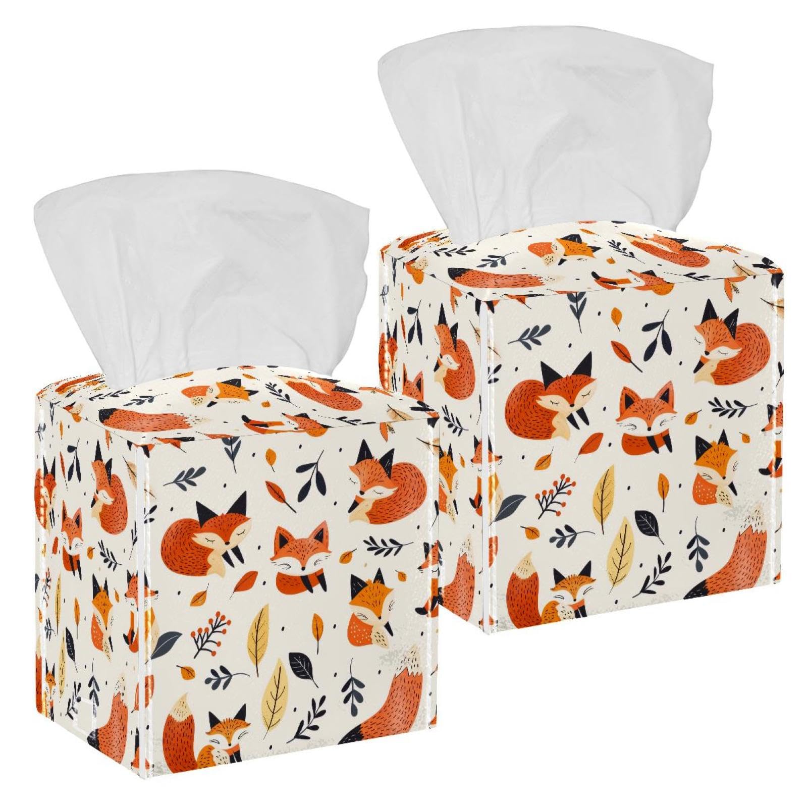 Foxes Leaves Tissue Box Cover, 2 Pack PU Leather Square Facial Tissue Dispenser Box holder for Home Office Car