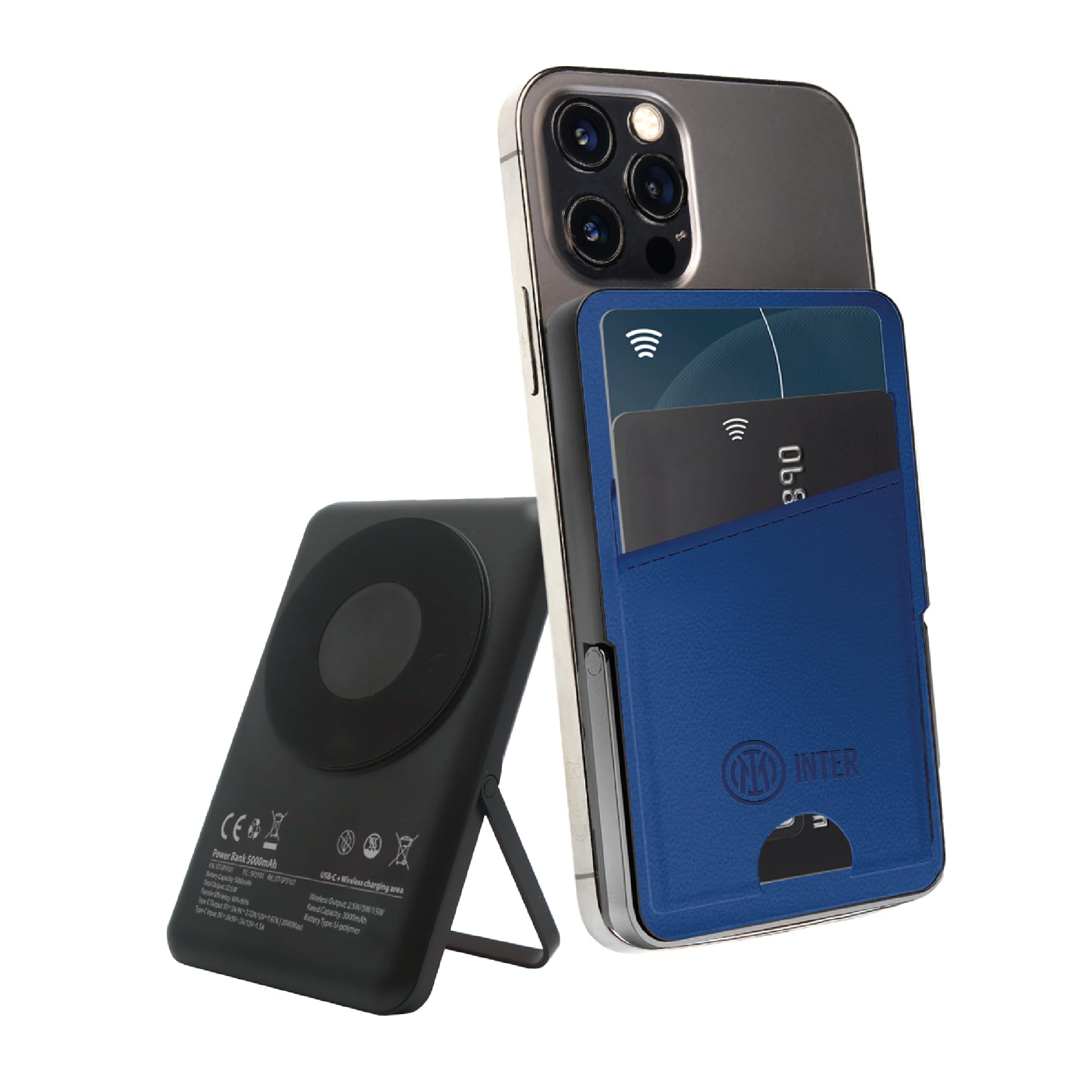 INTER Powerbank Portafogli – con ricarica Wireless MagSafe 5000mAh – Compatibile con Apple e Android, Ricarica Rapida Wireless e via Cavo Type-C – Cavo Incluso – Prodotto ufficiale (blu)