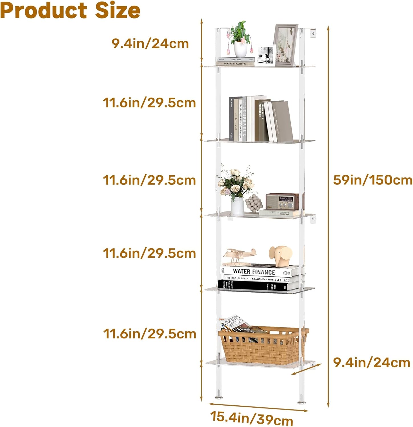 Acrylic Ladder Bookshelf, 5-Tier Wall Mounted Book Shelf, 70.5" H x 15.5" W x 13.4" D Clear Organizer, Multipurpose Bookcase Display Shelf for Small Spaces, Library, Living Room