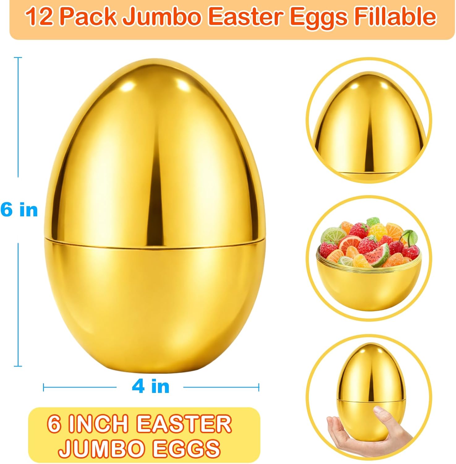12 PCS 6" Jumbo Golden Metallic Plastic Easter Eggs, Giant Fillable Surprise Eggs for Kids Boys Girls Easter Eggs Hunt Basket Stuffers Filler Easter Party Favors Gifts
